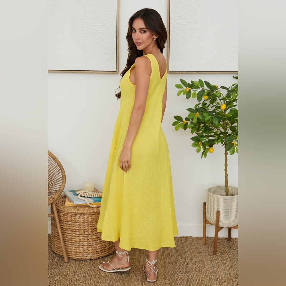 (800866/191333-SKY) ITALIAN LINEN MAXI V-NECK DRESS - Picture 4 of 5